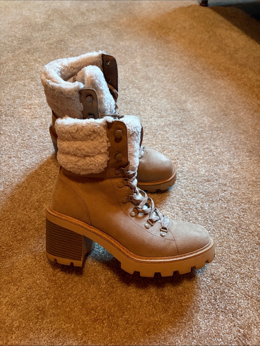 Esprit Tan Lace-Up Chunky Heel Sherpa Ankle Boots